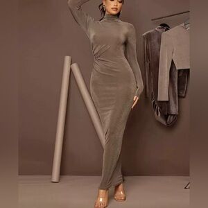 Elegant Tuspe Long maxi Sleeve Ruched Dress with high neck size small